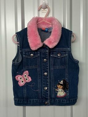 Vintage Dora the Explorer Pink Faux Fur Trim Vest Girls Y2K Cozy Cute